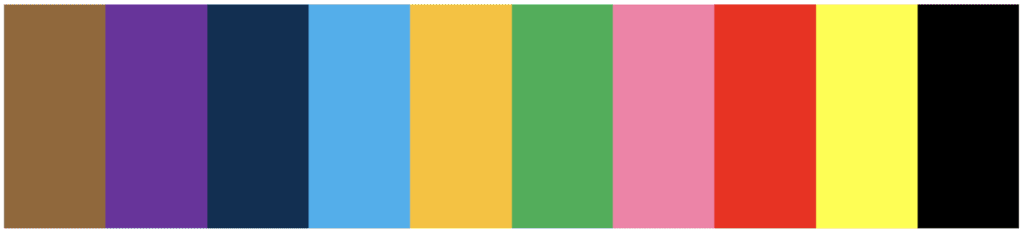 A rectangle with 10 vertical stripes all with a different color. The color order goes as follows: brown purple dark blue cyan orange green pink red yellow and black